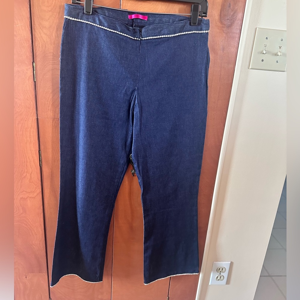 Jules Allen Dark Blue Denim Pants with embellished diamond Trim